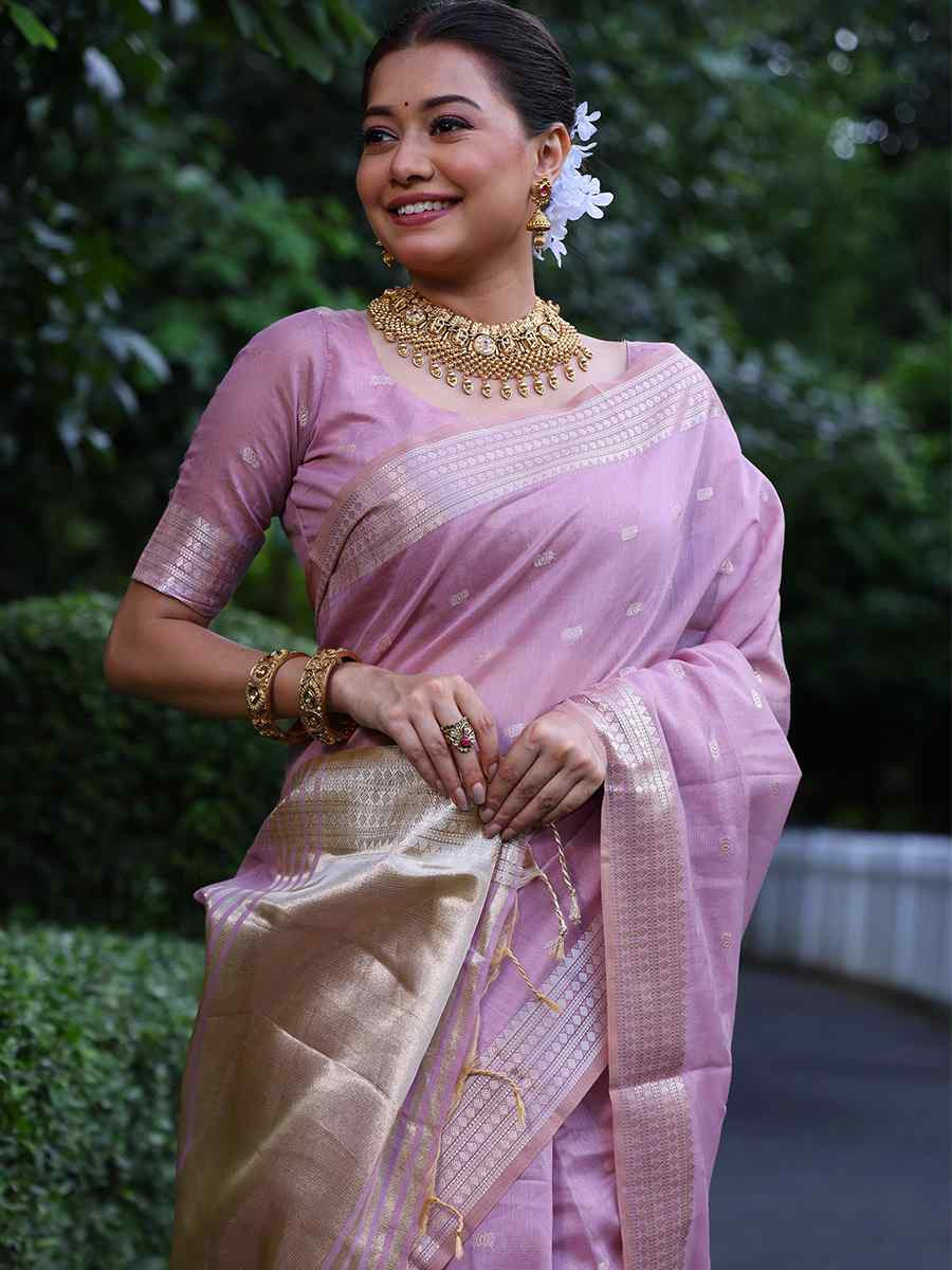 Purple Tissue Silk Handwoven Festival Wedding Heavy Border Saree