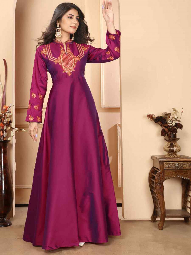 Image of Purple Triva Silk Embroidered Festival Casual Gown Women Wear