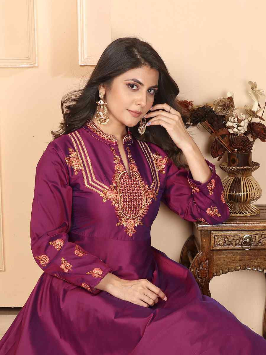 Purple Triva Silk Embroidered Festival Casual Gown Women Wear
