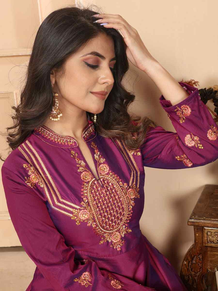 Purple Triva Silk Embroidered Festival Casual Gown Women Wear