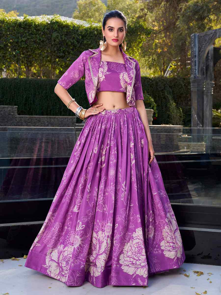 Purple Tussar Silk Embroidered Festival Wedding Jacket Lehenga Choli