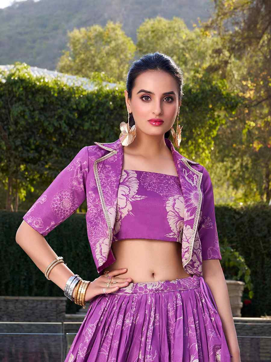 Purple Tussar Silk Embroidered Festival Wedding Jacket Lehenga Choli