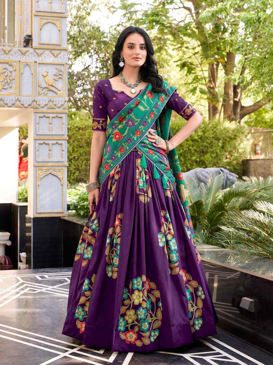 Purple Tussar Silk Printed And Foil Work Festival Traditional Lehenga Choli