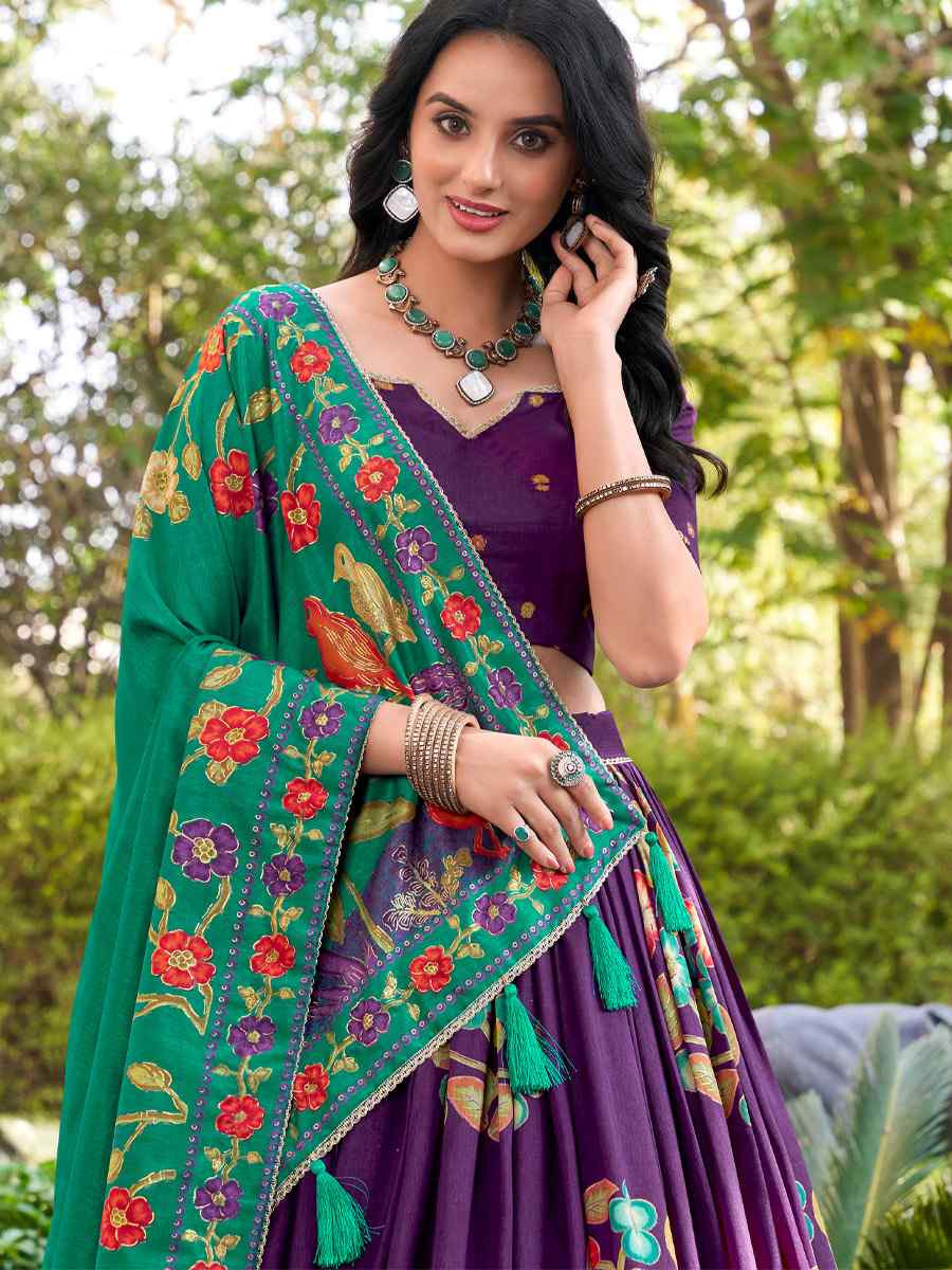 Purple Tussar Silk Printed And Foil Work Festival Traditional Lehenga Choli
