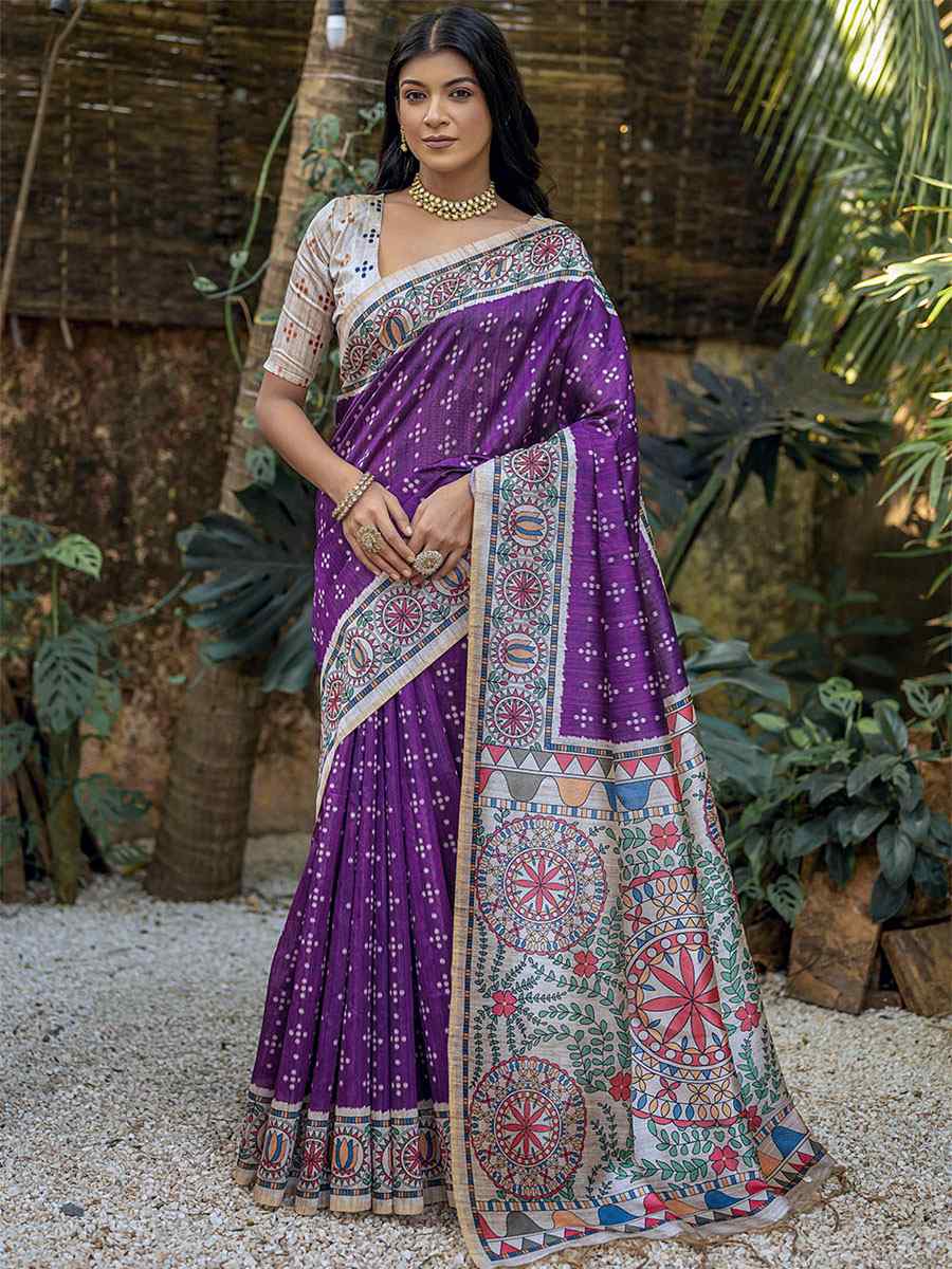 Purple Tussar Silk Printed Casual Festival Contemporary Saree