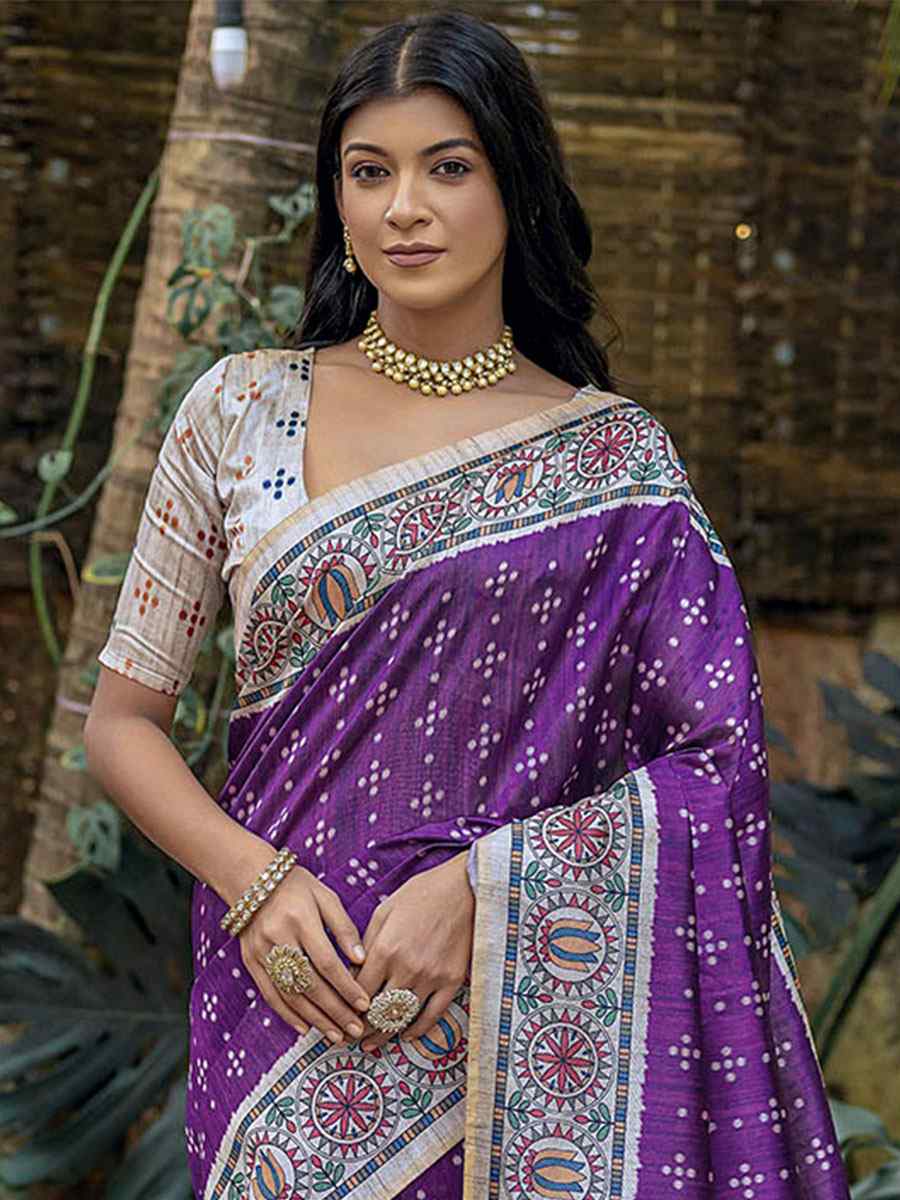 Purple Tussar Silk Printed Casual Festival Contemporary Saree