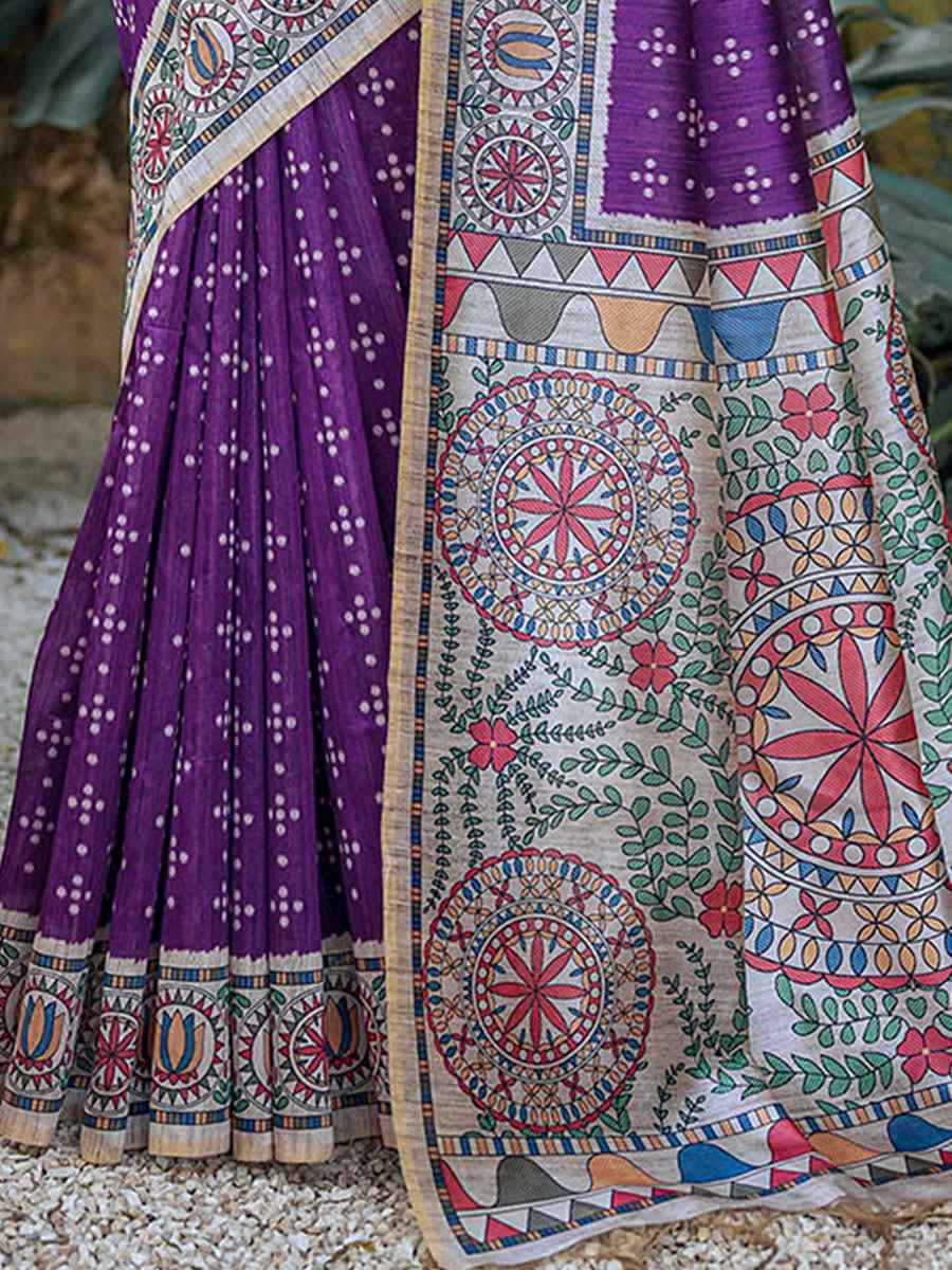 Purple Tussar Silk Printed Casual Festival Contemporary Saree