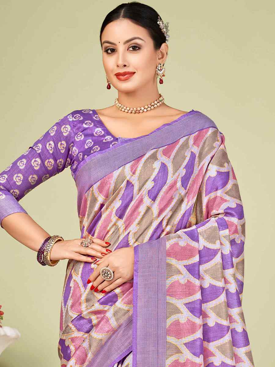 Purple Tussar Silk Printed Casual Festival Contemporary Saree
