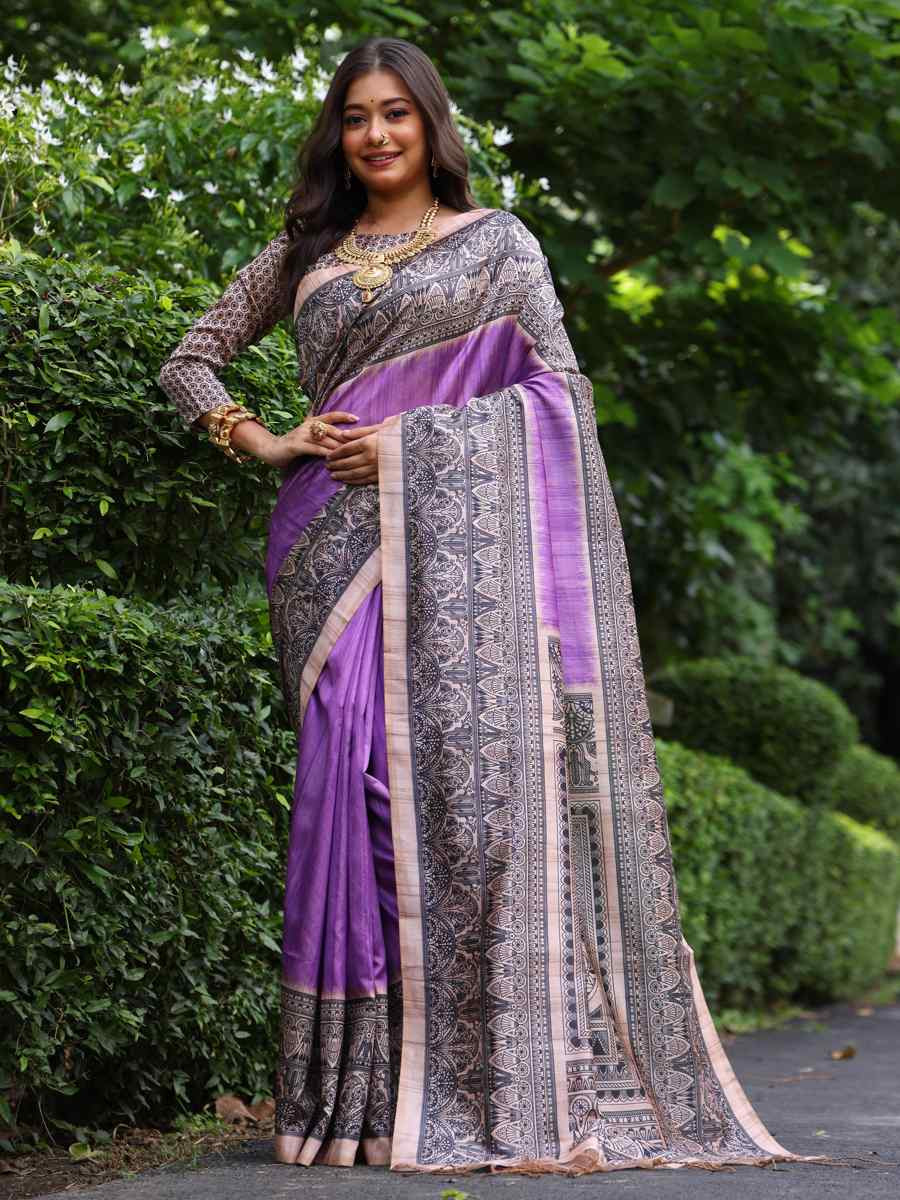 Purple Tussar silk Printed Festival Casual Classic Style Saree