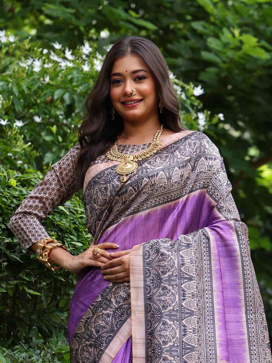 Purple Tussar silk Printed Festival Casual Classic Style Saree