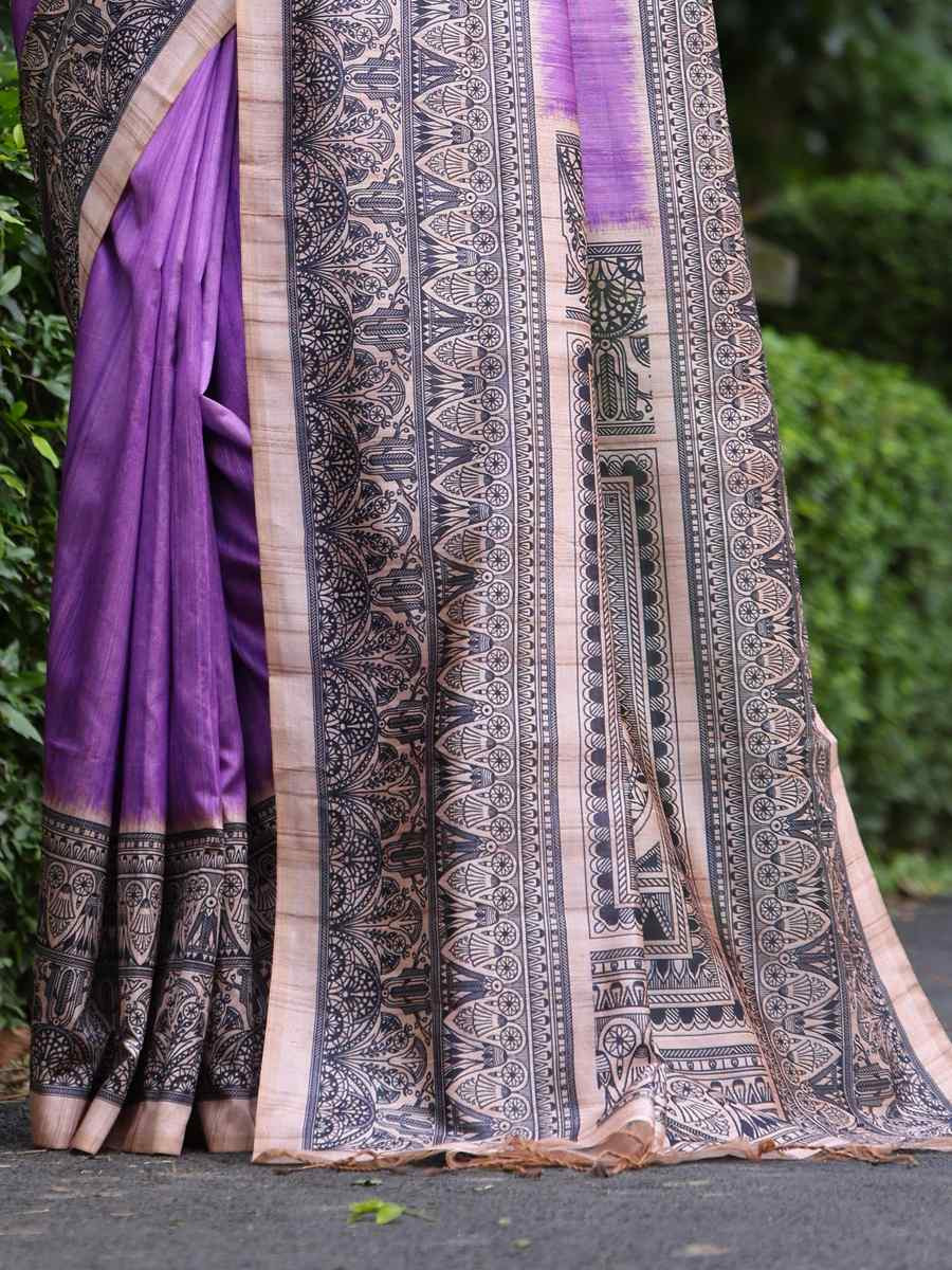 Purple Tussar silk Printed Festival Casual Classic Style Saree