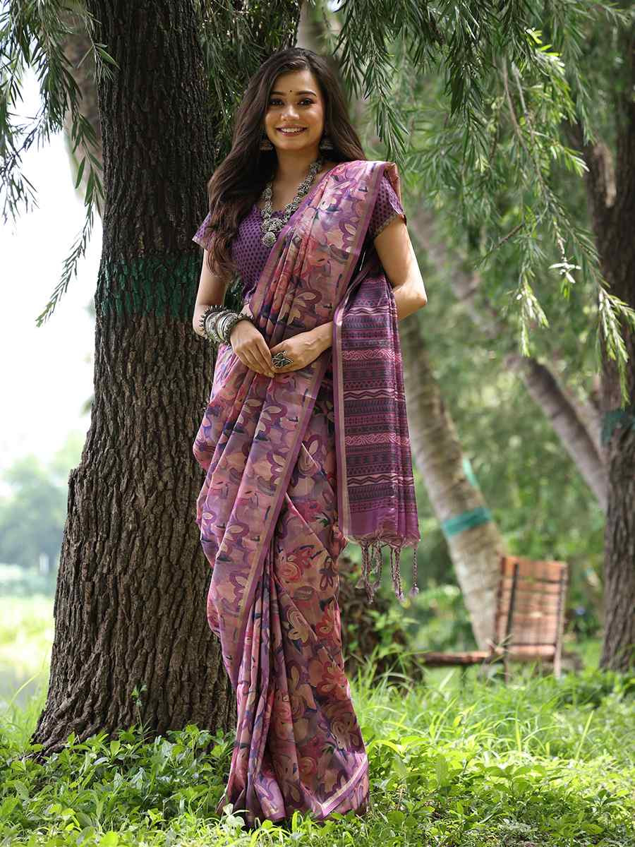 Purple Tussar silk Printed Festival Wedding Classic Style Saree
