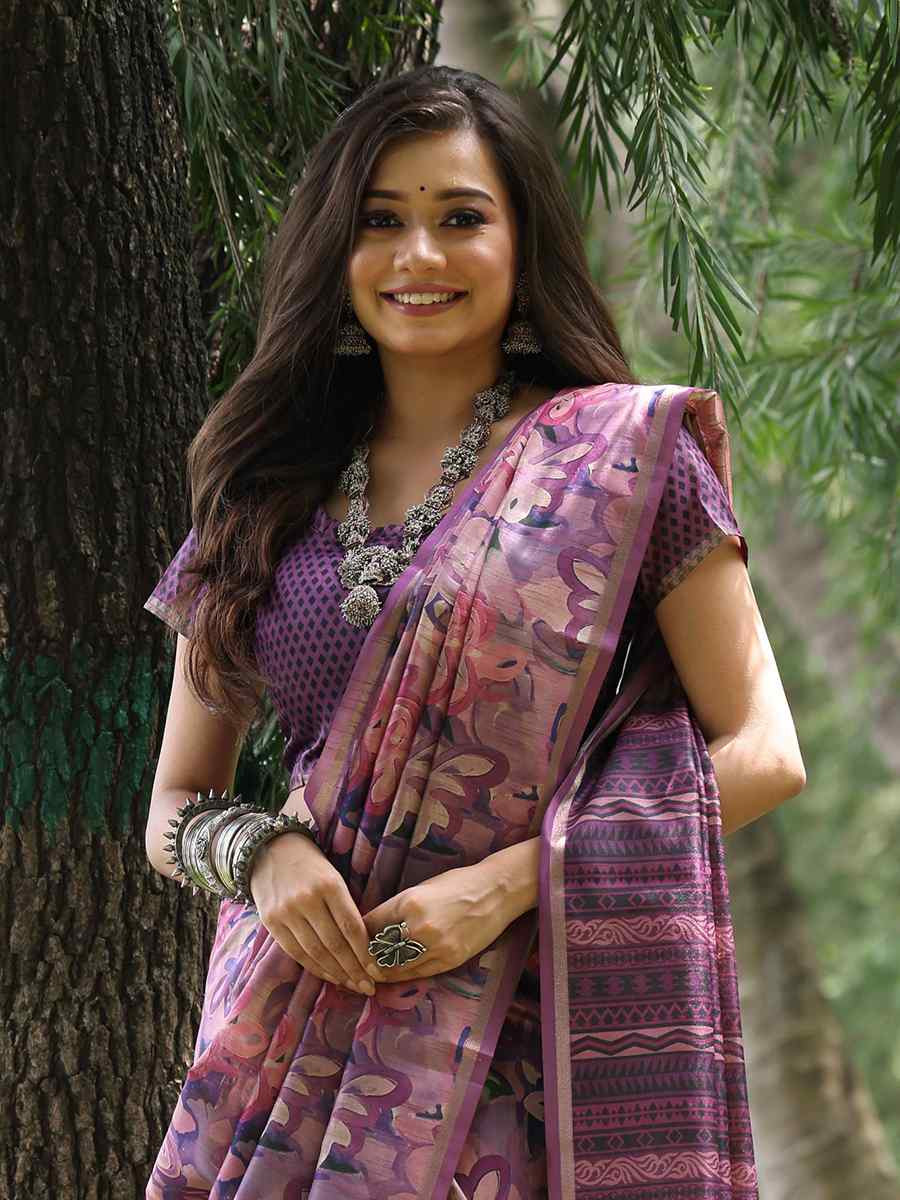 Purple Tussar silk Printed Festival Wedding Classic Style Saree