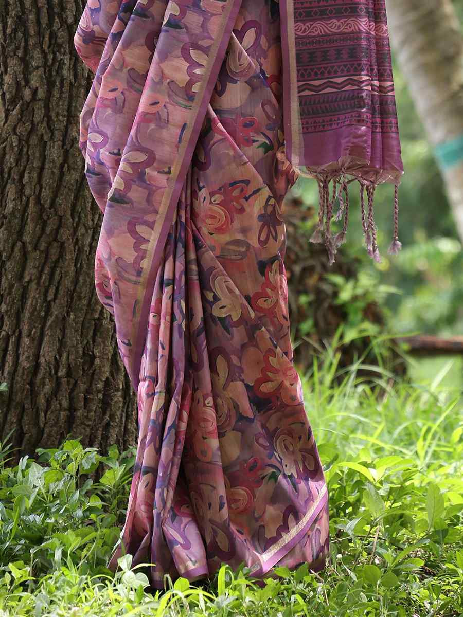 Purple Tussar silk Printed Festival Wedding Classic Style Saree