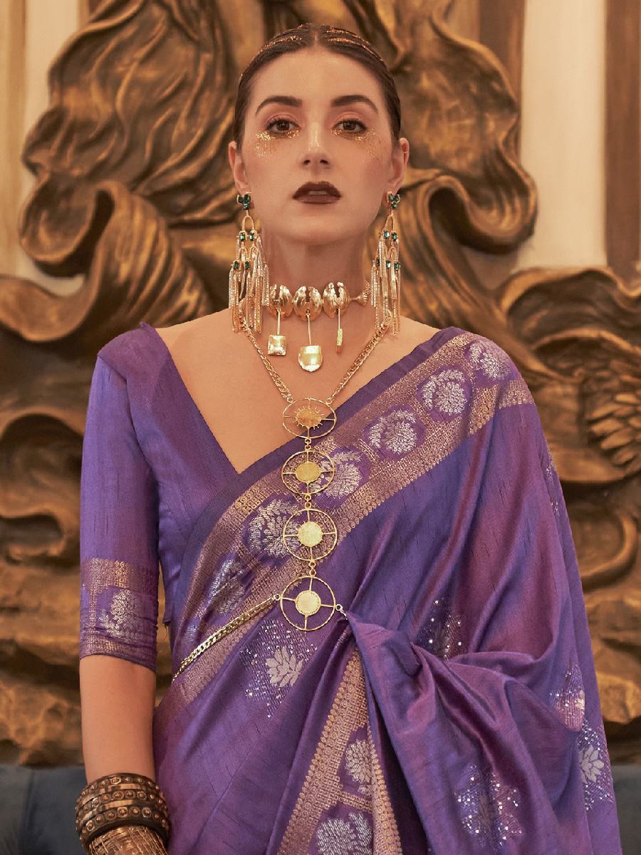 Purple Tusser Silk Handwoven Wedding Festival Heavy Border Saree