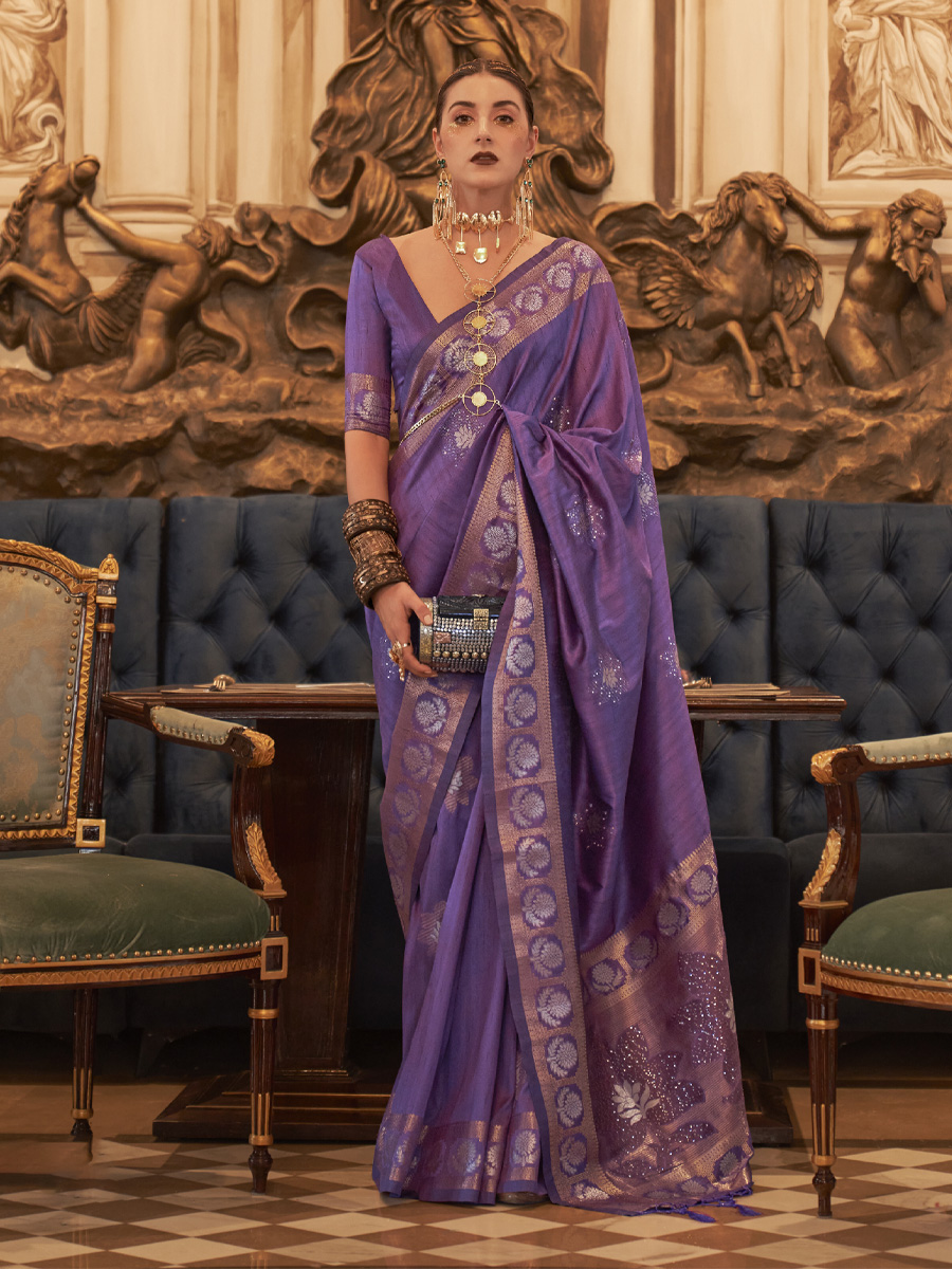 Purple Tusser Silk Handwoven Wedding Festival Heavy Border Saree