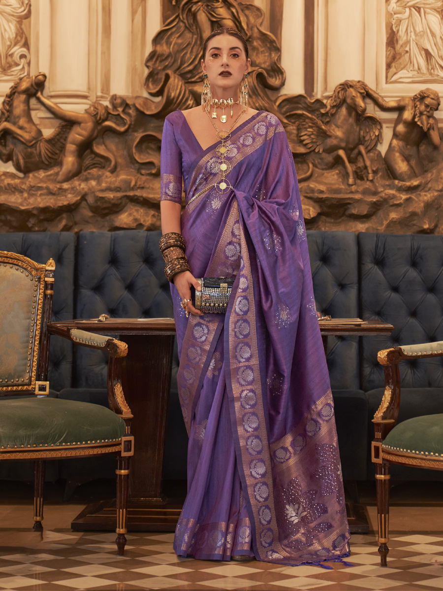 Purple Tusser Silk Handwoven Wedding Festival Heavy Border Saree