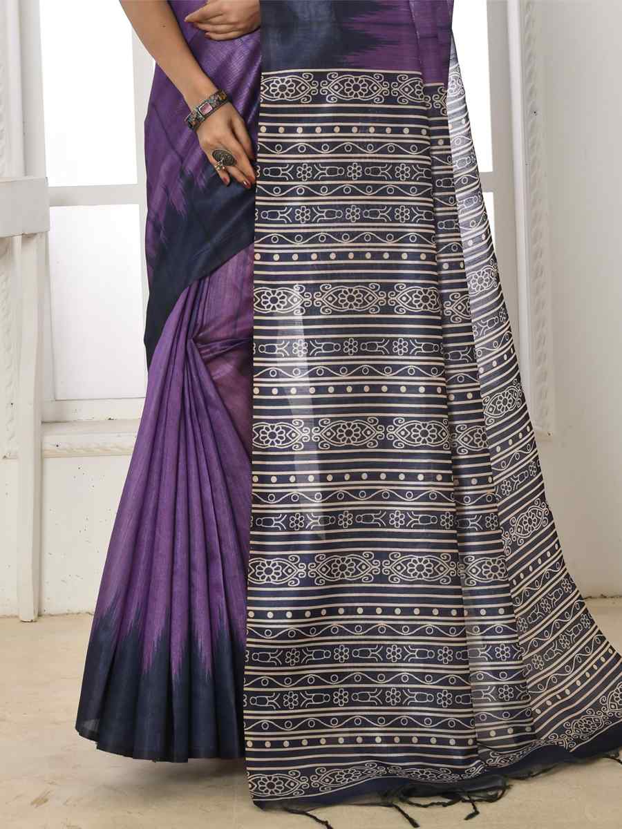 Purple Tusser Silk Printed Reception Party Classic Style Saree