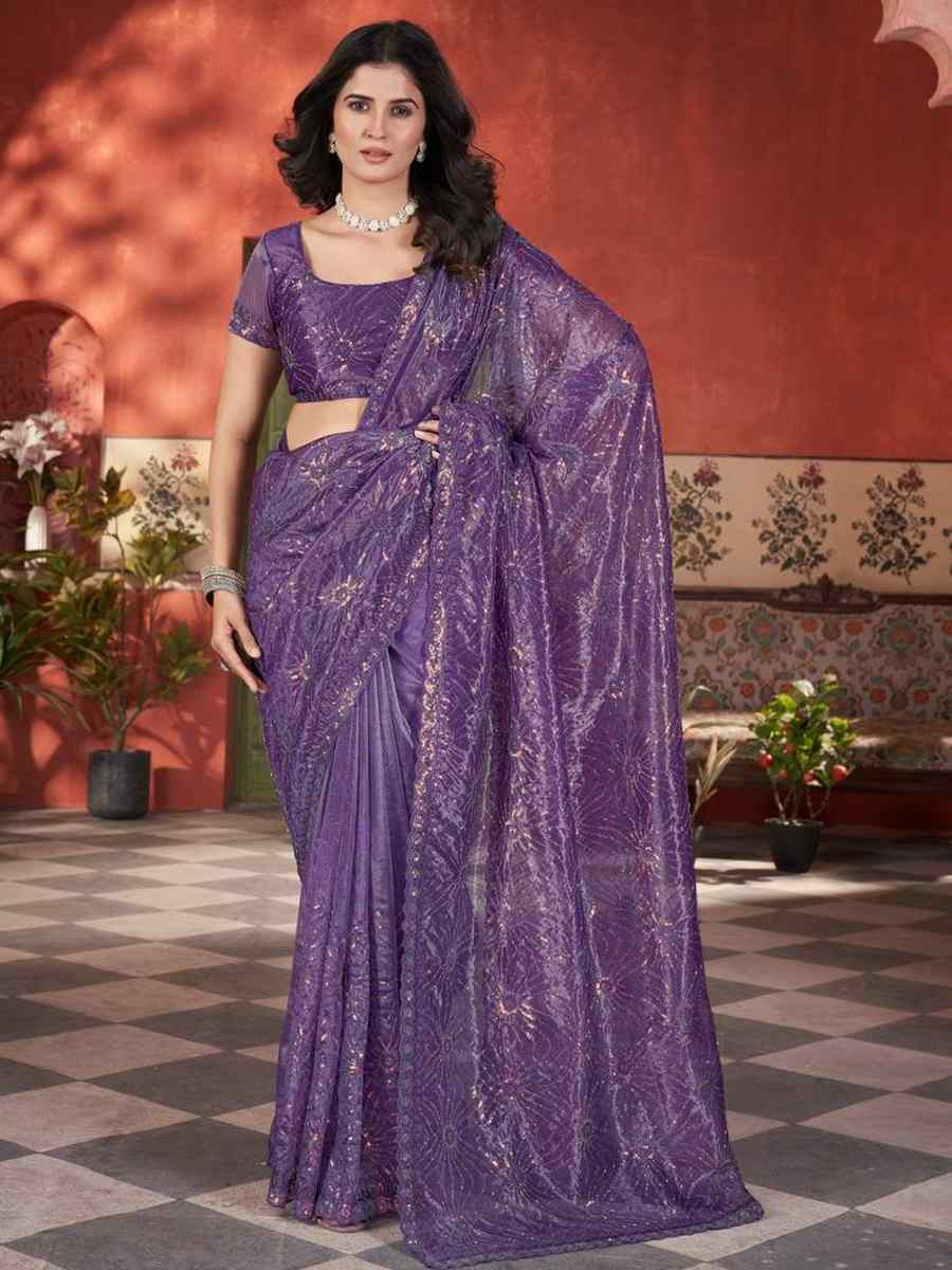 Purple Twill Net Embroidered Festival Wedding Fancy Heavy Border Saree