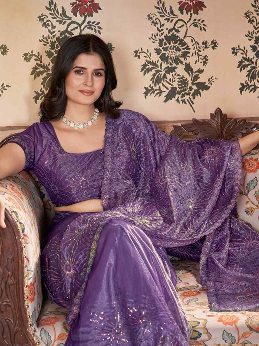 Purple Twill Net Embroidered Festival Wedding Fancy Heavy Border Saree