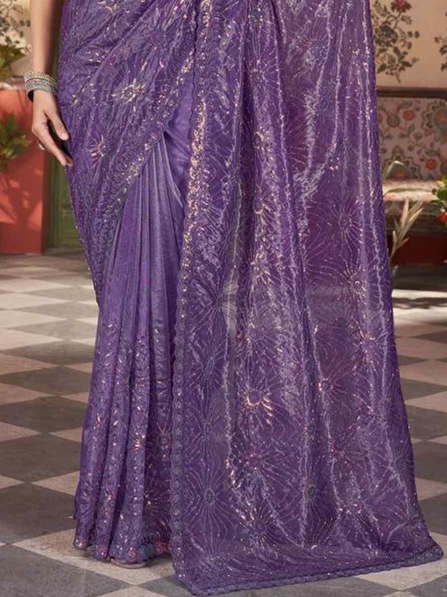 Purple Twill Net Embroidered Festival Wedding Fancy Heavy Border Saree