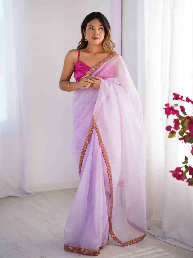 Purple Twill Net Printed Festival Wedding Fancy Heavy Border Saree