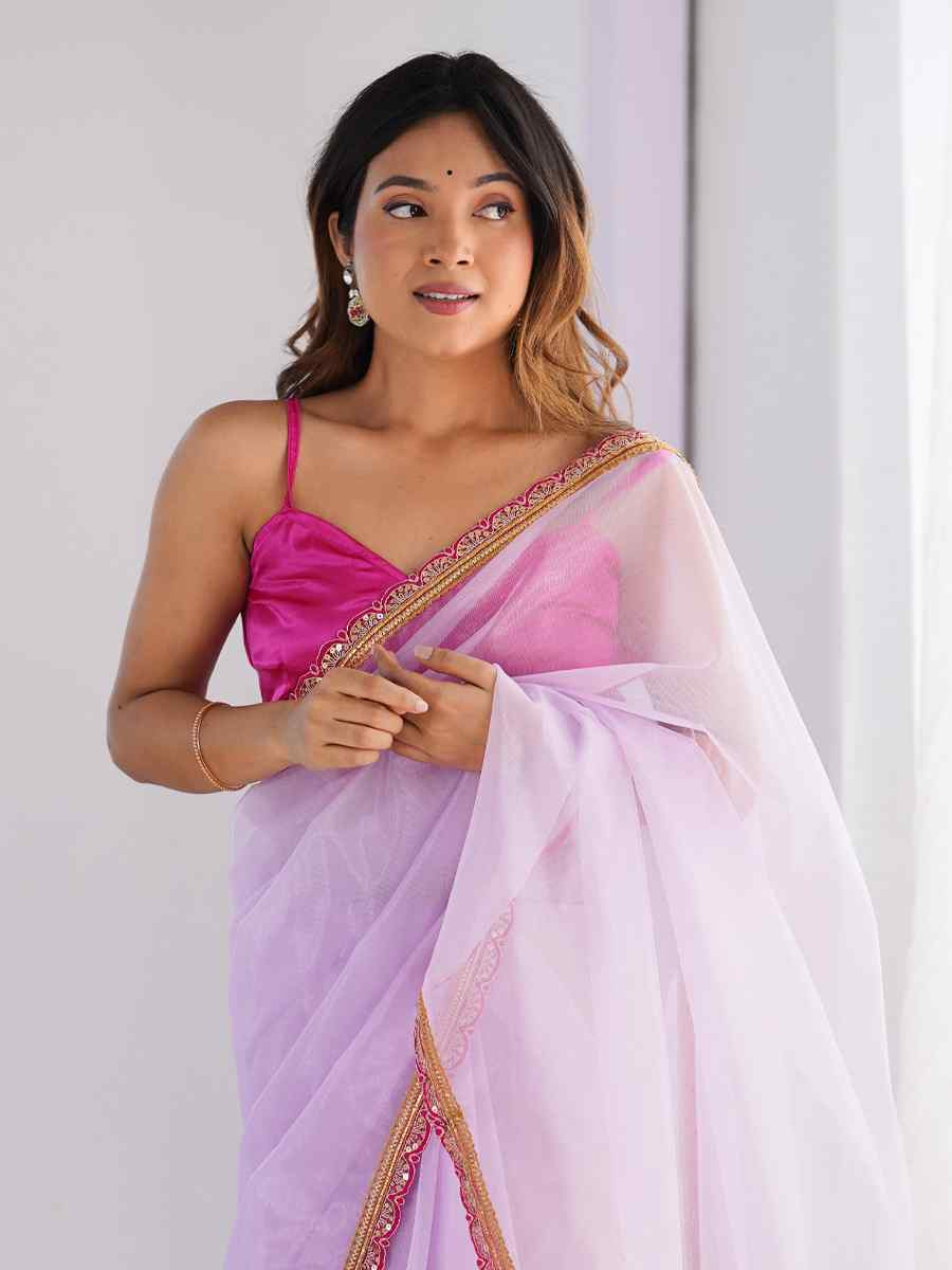 Purple Twill Net Printed Festival Wedding Fancy Heavy Border Saree