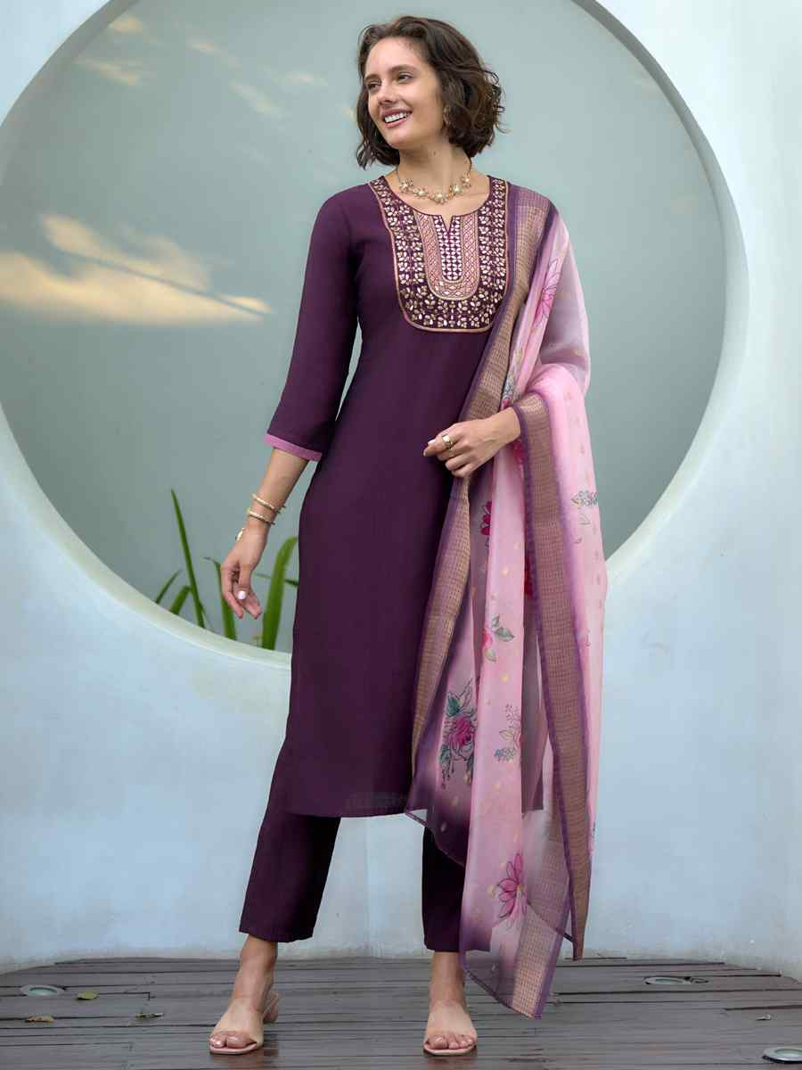 Purple Vatican Silk Embroidered Party Wedding Ready Pant Salwar Kameez