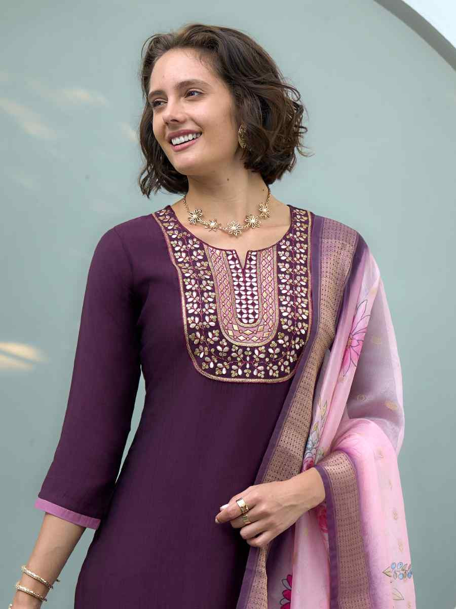 Purple Vatican Silk Embroidered Party Wedding Ready Pant Salwar Kameez