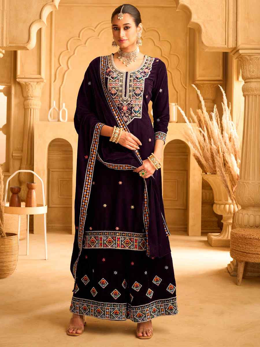 Purple Velvet Embroidered Festival Casual Ready Palazzo Pant Salwar Kameez