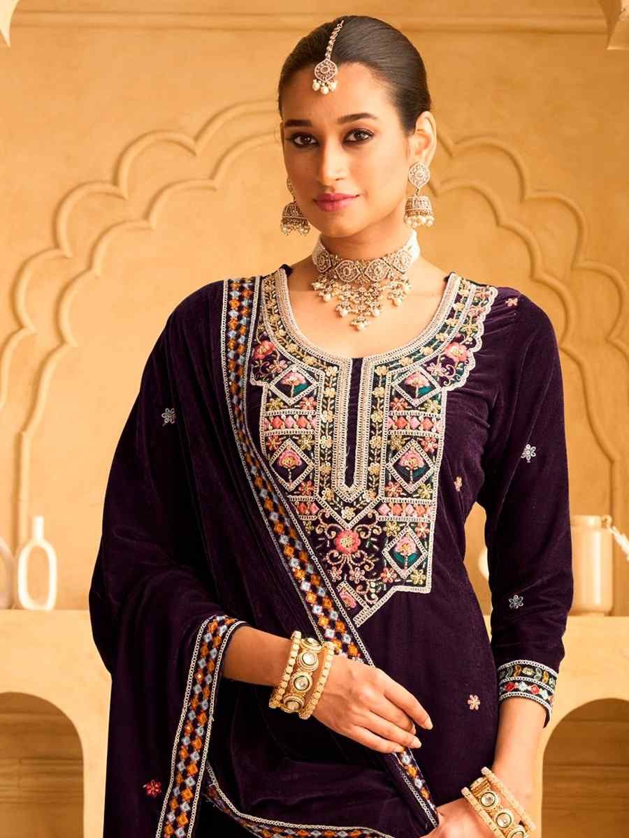 Purple Velvet Embroidered Festival Casual Ready Palazzo Pant Salwar Kameez