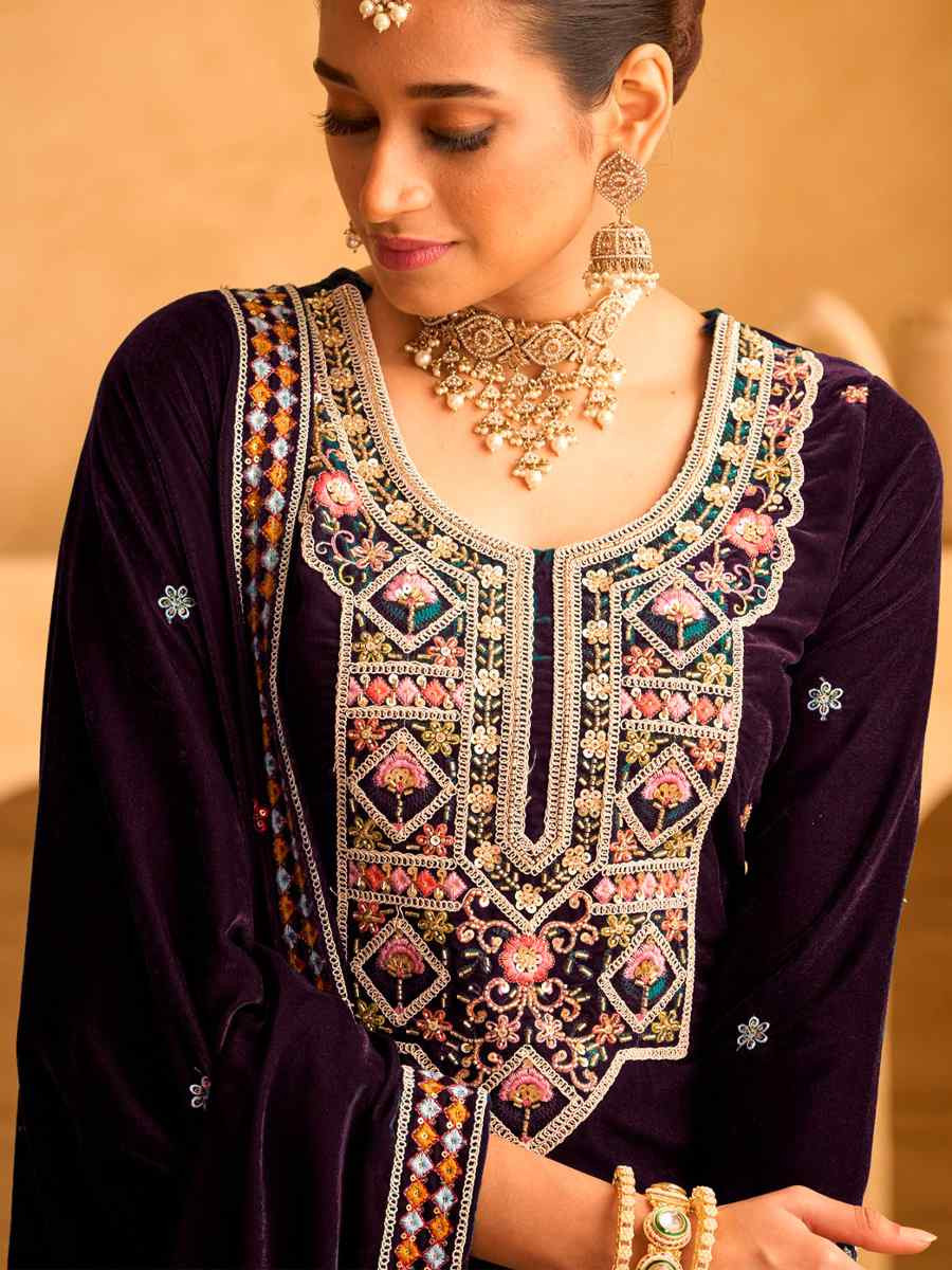 Purple Velvet Embroidered Festival Casual Ready Palazzo Pant Salwar Kameez