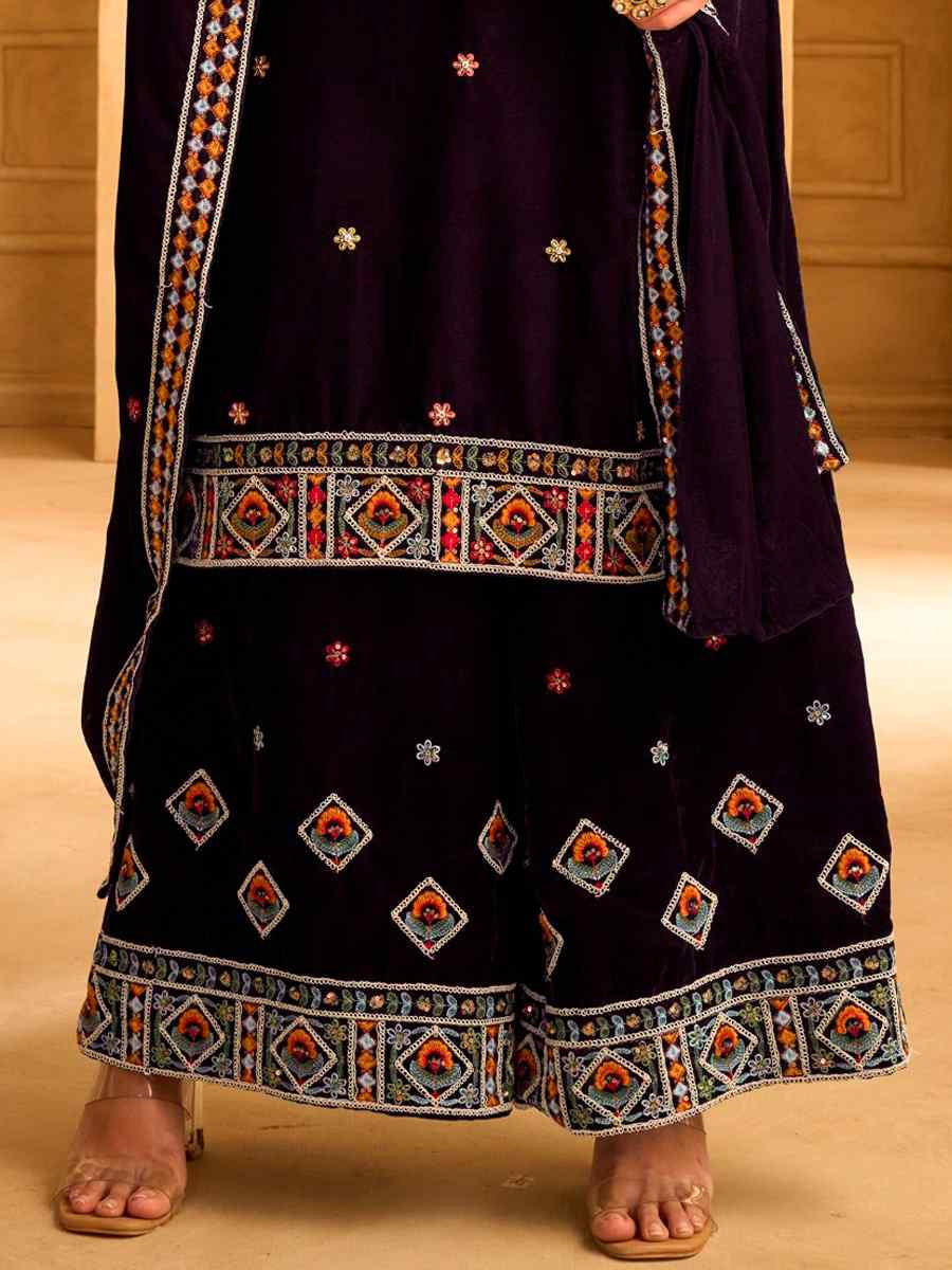 Purple Velvet Embroidered Festival Casual Ready Palazzo Pant Salwar Kameez