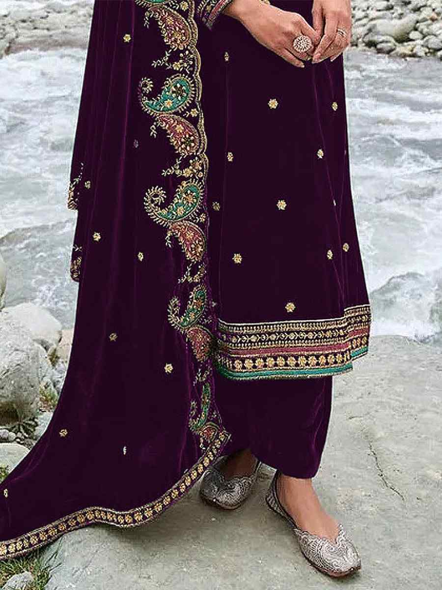 Purple Velvet Embroidered Festival Mehendi Pant Salwar Kameez