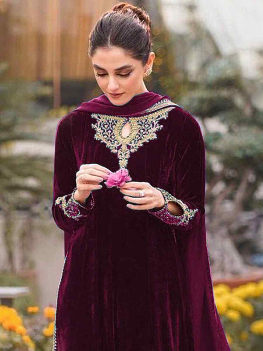 Purple Velvet Embroidered Festival Wedding Anarkali Salwar Kameez