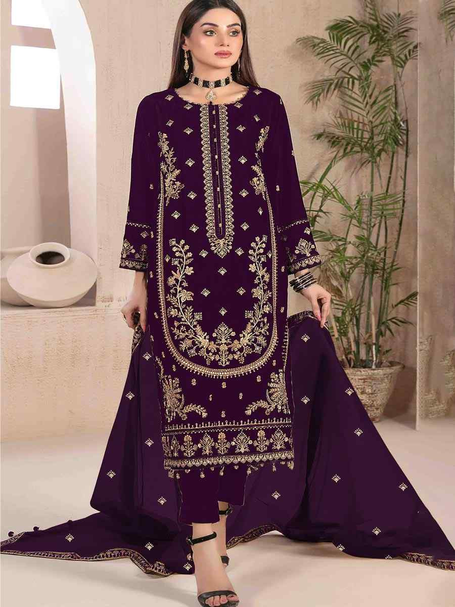 Purple Velvet Embroidered Festival Wedding Pant Salwar Kameez
