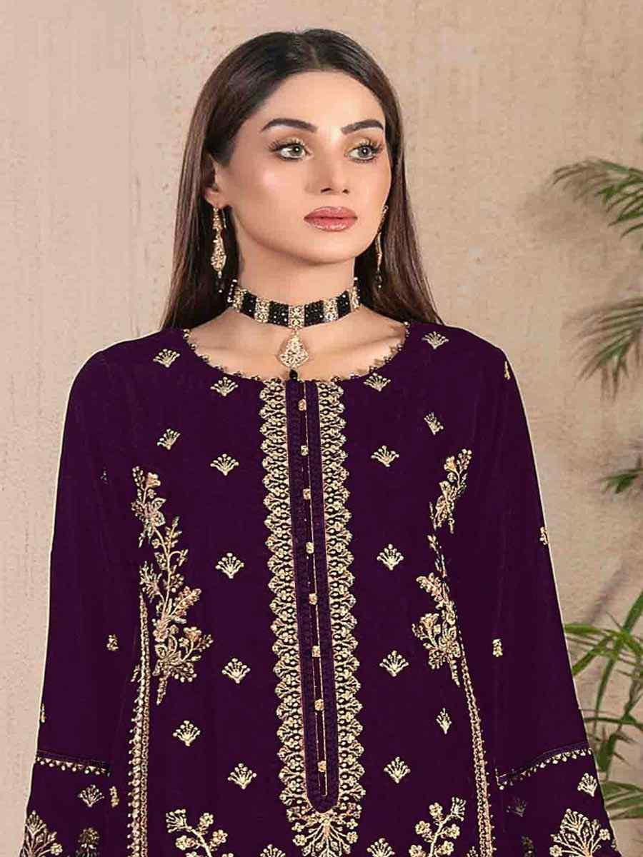 Purple Velvet Embroidered Festival Wedding Pant Salwar Kameez