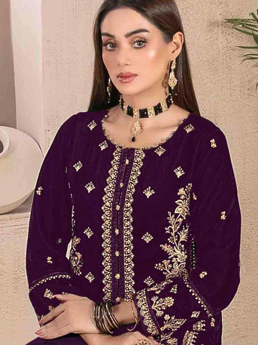 Purple Velvet Embroidered Festival Wedding Pant Salwar Kameez