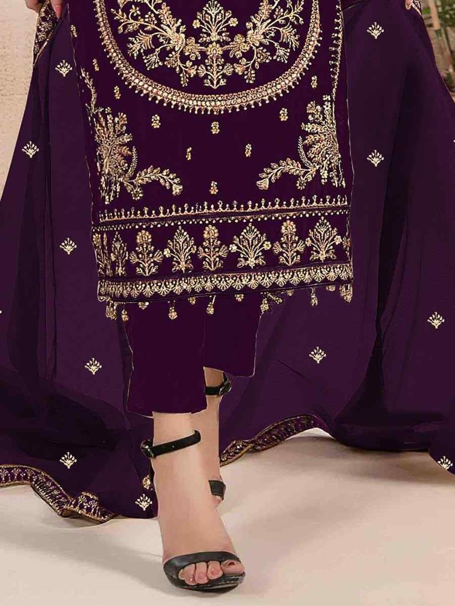 Purple Velvet Embroidered Festival Wedding Pant Salwar Kameez