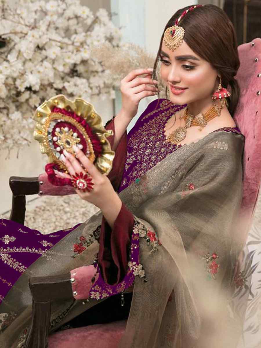 Purple Velvet Embroidered Festival Wedding Pant Salwar Kameez