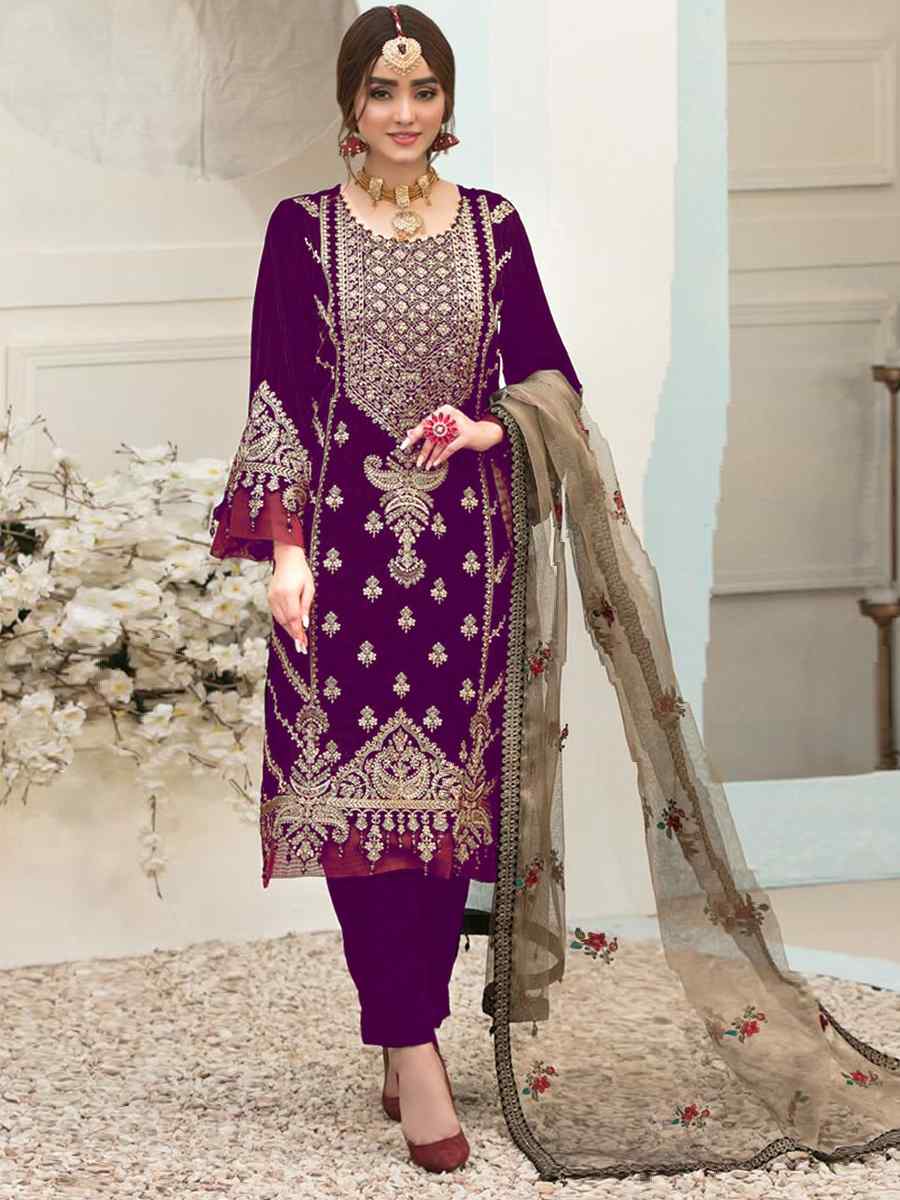 Purple Velvet Embroidered Festival Wedding Pant Salwar Kameez