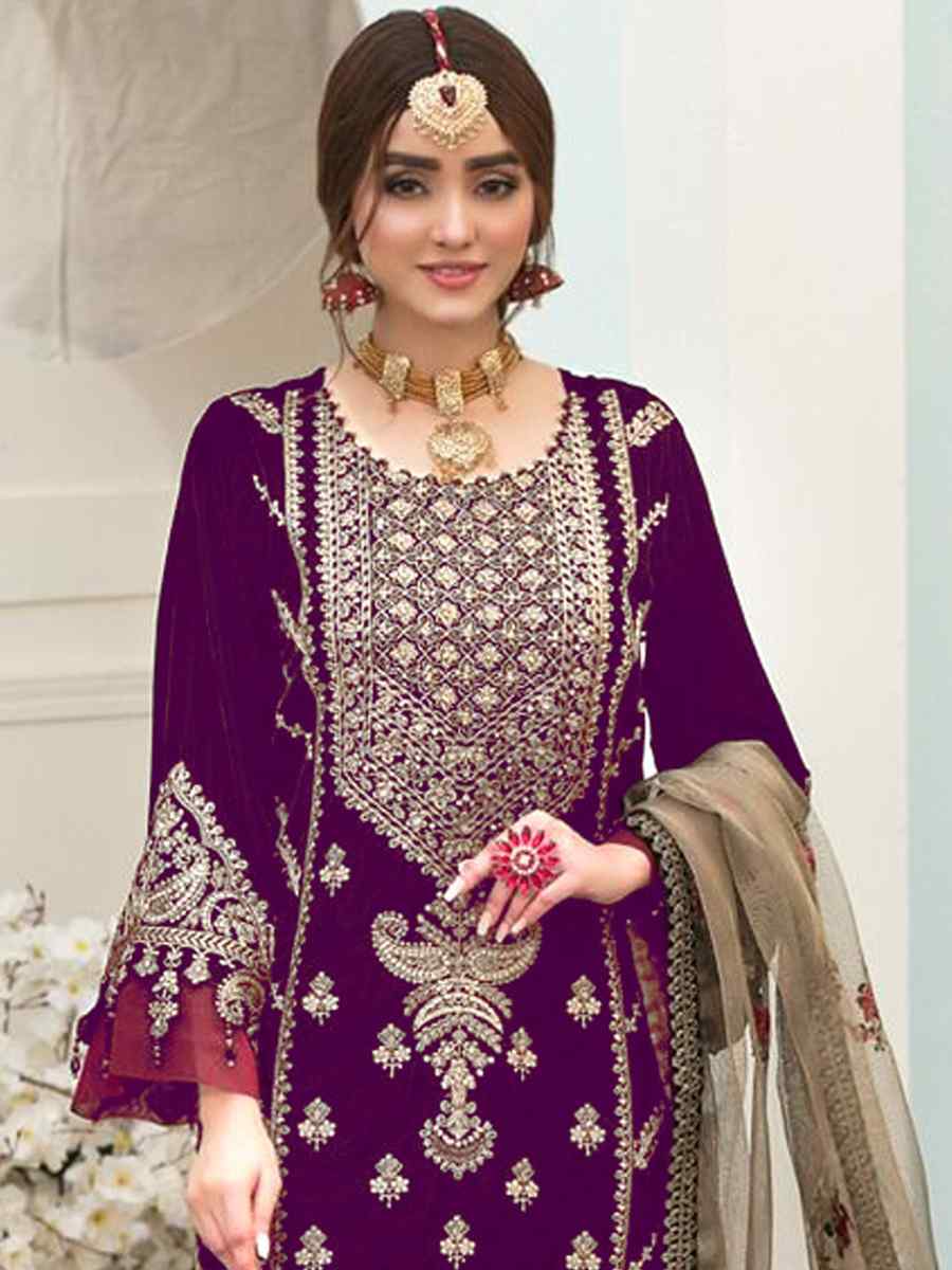 Purple Velvet Embroidered Festival Wedding Pant Salwar Kameez