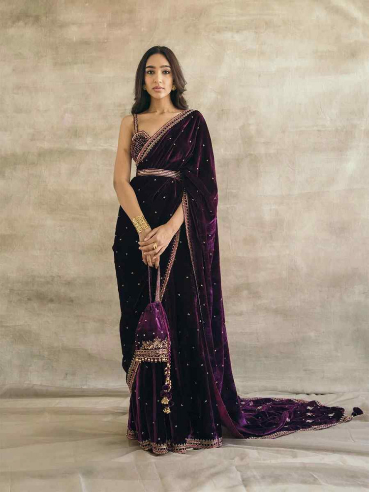 Image of Purple Velvet Embroidery Party Reception Festival Wedding Fancy Classic Style Sarees