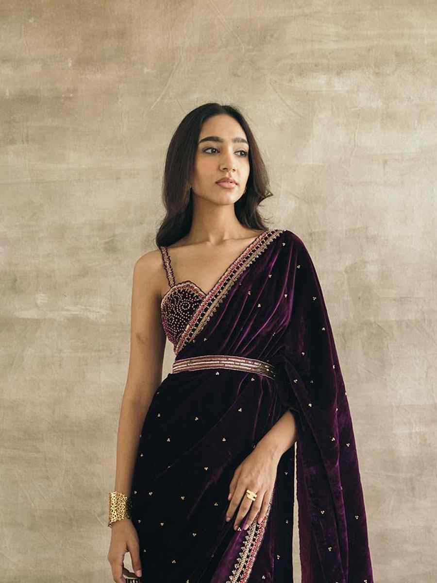 Purple Velvet Embroidery Party Reception Festival Wedding Fancy Classic Style Sarees