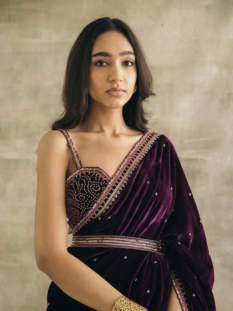 Purple Velvet Embroidery Party Reception Festival Wedding Fancy Classic Style Sarees