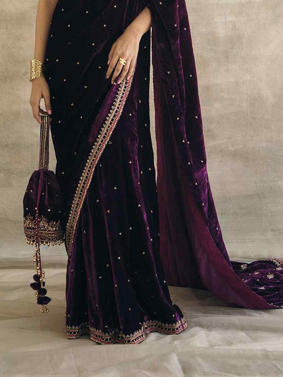 Purple Velvet Embroidery Party Reception Festival Wedding Fancy Classic Style Sarees