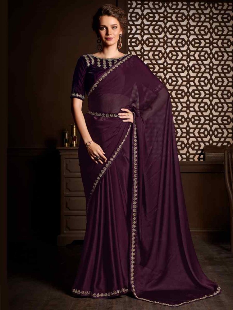 Purple Velvet Handwoven Party Festival Classic Style Saree