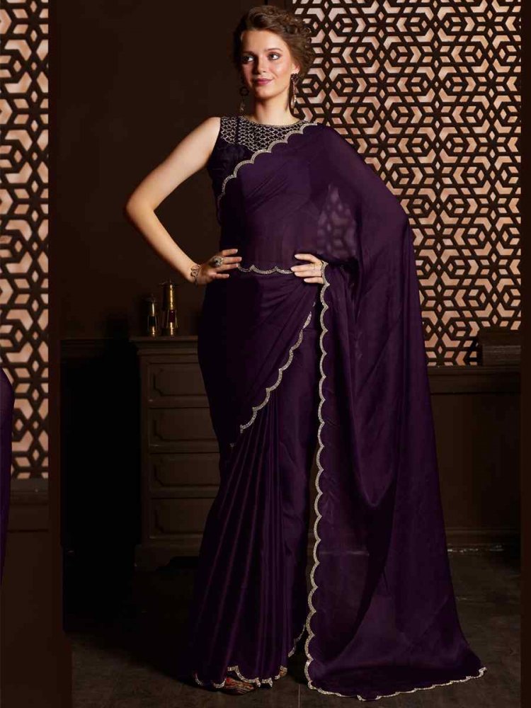 Purple Velvet Handwoven Party Festival Classic Style Saree