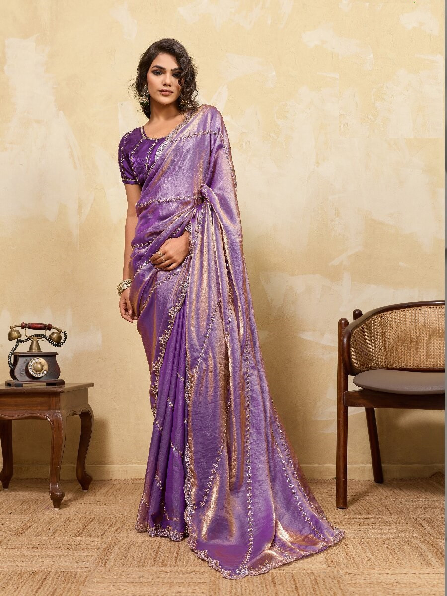 Purple Velvet Satin Sequins Wedding Reception Festival Party Heavy Border Sarees