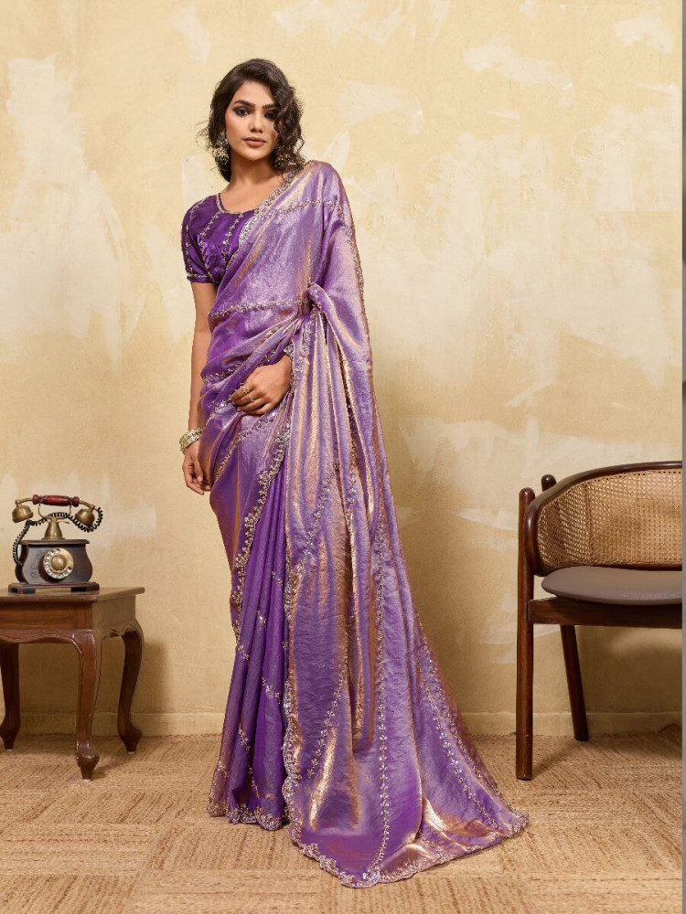 Image of Purple Velvet Satin Sequins Wedding Reception Festival Party Heavy Border Sarees